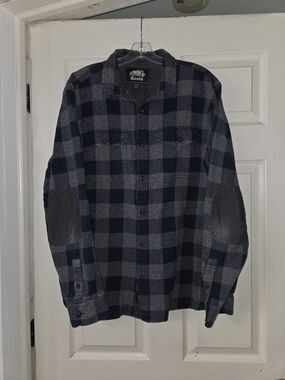 Roots Canada Bkue And Gray Buffalo Plaid Courderoy Patch Mens Xl Flannel Shirt